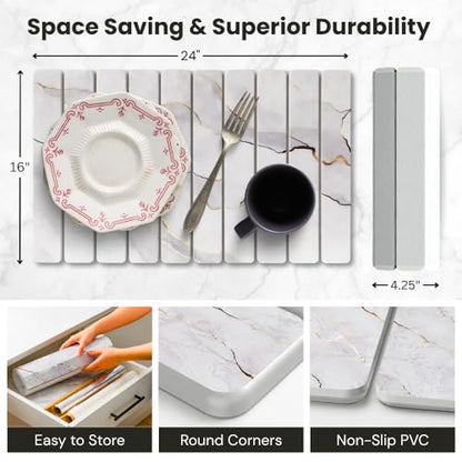 Large Stone Dish Drying Mat for Kitchen Counter, Foldable & Super Absorbent Diatomaceous Earth Drying Pad for Dishes, Cups, Bottles with Anti-Slip Mesh & Quick Dry (White Marble 24"L x 16"W) - color: White Marble