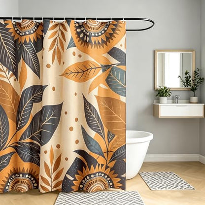 Burnt Orange Botanical‌ Pattern Linen Shower Curtain Set with Liner | Double Layer Shower Curtain Waterproof Fabric with Zippered Removable PEVA Liner,Boho Shower Curtain for Bathroom,Free Hooks - color: Sunflower