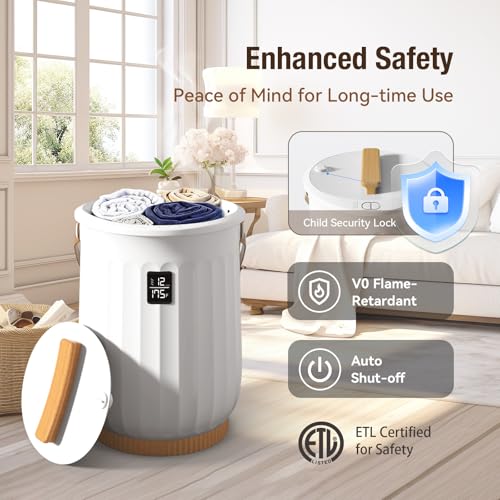Towel Warmer for Bathroom, Portable Towel Warmer with Towel Clip, LED Display, Auto Shut-Off, Safety Lock, Towel Warmer Bucket Fits Two Oversized Towels, Bathrobes, Blankets, Pjs - White