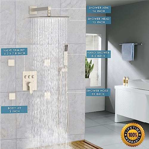 Shower System with Body Jets, Bostingner Shower Faucet Set 12" Rain Shower Head with Handheld Spray, Can Use at Same Time, 3 Way Push Button Diverter Shower Set Complete, Brushed Nickel - color: Brushed Nickel, size: 12 Inch
