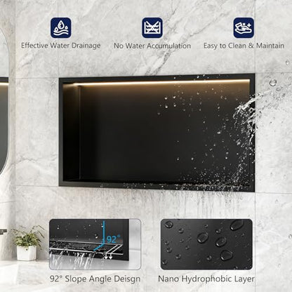 LED Shower Niche 24 X 12 Shower Niche No Tile Needed | 304 Stainless Steel Shower Niche with 3000K Warm Light, IP65 Waterproof Bathroom Niche for Shower, Remote Control, Seamless - color: Matte Black-warm White, size: 24" X 12"
