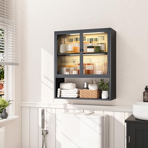 Metal Medicine Cabinet with Glass Doors, Space Saver Bathroom Cabinets Wall Mount with 2 Sense Lights, 23.6"W x 27.6"H Restroom Closet, 3-Tier Wall Cabinet for Bathroom Laundry Room Kitchen - color: Black, style: Classic