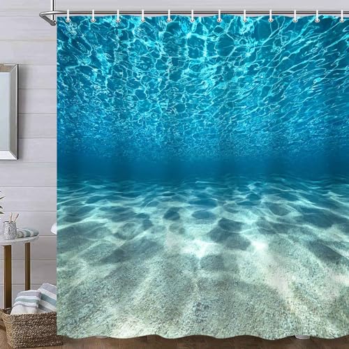 MERCHR Blue Ocean Beach Shower Curtain, Nature Underwater Sea World Scene Bathroom Curtains Waterproof Fabric, 71 x 84 Inches - color: Blue, size: 71"W x 84"L (Pack of 1)