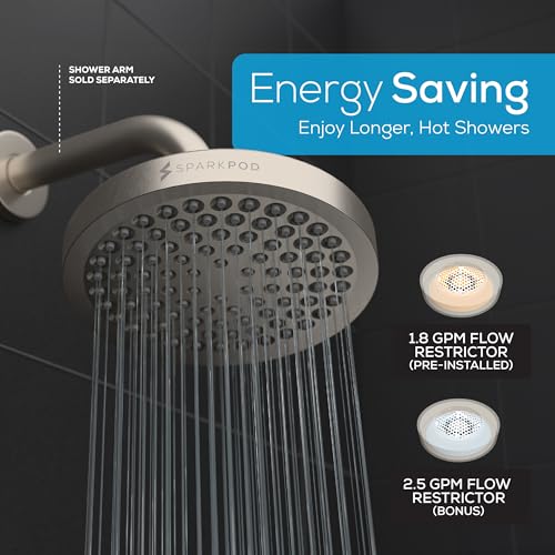 SparkPod Rain Shower Head, 6 Inch Round, Elegant Brushed Nickel Finish | High Pressure Shower Heads, 90 Nozzles, Adjustable Showerhead, No Tools Needed, Universal Connection - color: Elegant Brushed Nickel, style: 6 Inch Round