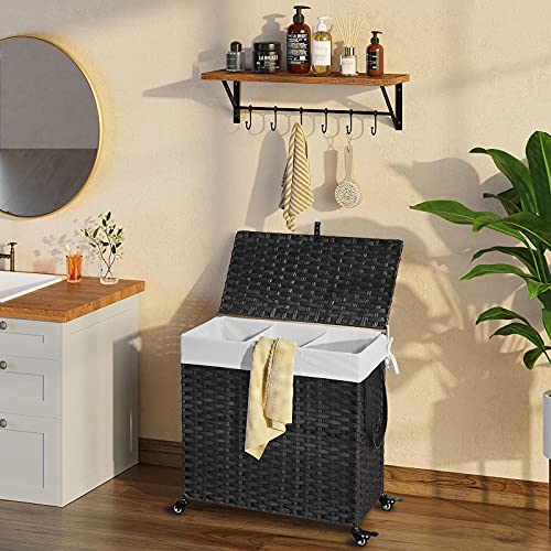 Greenstell Laundry Hamper with Wheels&Lid, 130L Large 3 Sections Clothes Hamper with 2 Types Removable Liner Bags, 5 Mesh Laundry Bags, Handwoven Divided Laundry Basket Black