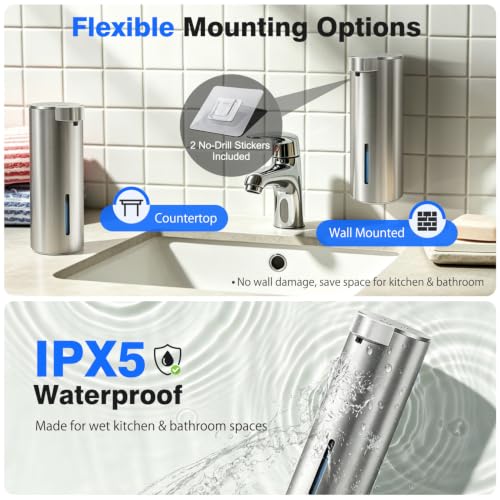 Touchless Automatic Liquid Soap Dispenser, Stainless Steel, Rechargeable | 4 Levels Adjustable, No Clog,13.5oz Capacity,IPX5 Waterproof, Wall Mount, For Hand & Dish Soap, Bathroom Kitchen Hotel Use - color: Stainless Steel