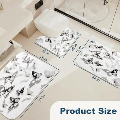 Cute Modern Butterfly Aesthetic Bathroom Rugs and Mats Sets 3 Piece, Memory Foam Bath Mat, U-Shaped Contour Shower Mat Non Slip Absorbent, Velvet Washable 20 x 31 inch Black and White - color: Color16