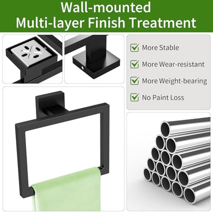 FLE Hand Towel Ring, Towel Rings for Bathroom Wall, 2 Pack, Black | Screw Mount Hardware, Stainless Steel Towel Hanger, Modern Square Hardware - color: Black