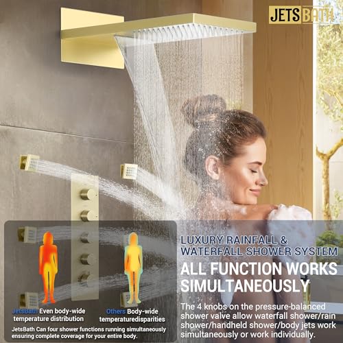 Luxury Thermostatic Rain & Waterfall Shower System with 22” Rain Shower Head & 6 Body Jets, JetsBath Wall Mounted Shower Faucet Sets with Handheld Sprayer, 3/4” Inlet Thermostatic Valve - color: Brushed Gold