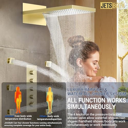 Luxury Thermostatic Rain & Waterfall Shower System with 22” Rain Shower Head & 6 Body Jets, JetsBath Wall Mounted Shower Faucet Sets with Handheld Sprayer, 3/4” Inlet Thermostatic Valve - color: Brushed Gold