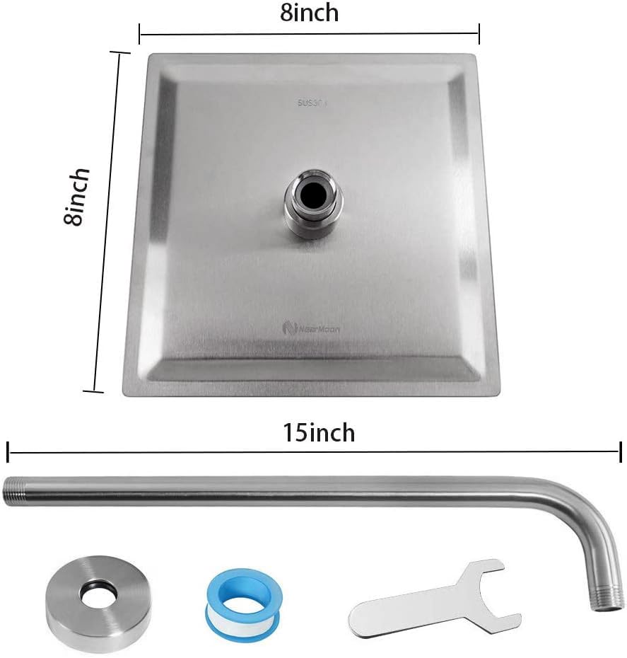 NearMoon Square Rain Shower Head With Extension Arm, Large Stainless Steel Rainfall Shower-Waterfall Full Body Coverage (8 Inch, Nickel) - color: Nickel, size: 8 Inch