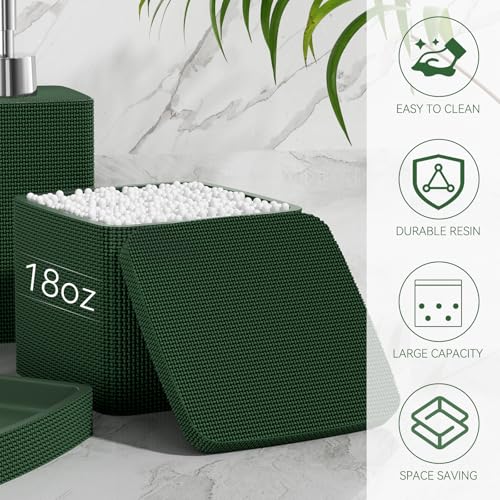 Dark Green Bathroom Accessories Set 5 Pieces, Resin Toothbrush Holders Set Complete with Soap Dispenser, Toothbrush Holder, Vanity Tray, Bathroom Tumbler and Qtip Holder for Small Spaces - size: 5 Pcs Bathroom Set, style: Dark Green