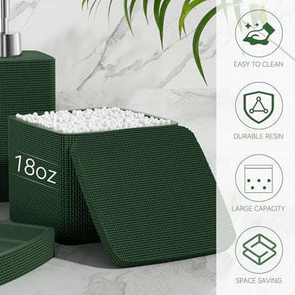 Dark Green Bathroom Accessories Set 5 Pieces, Resin Toothbrush Holders Set Complete with Soap Dispenser, Toothbrush Holder, Vanity Tray, Bathroom Tumbler and Qtip Holder for Small Spaces - size: 5 Pcs Bathroom Set, style: Dark Green