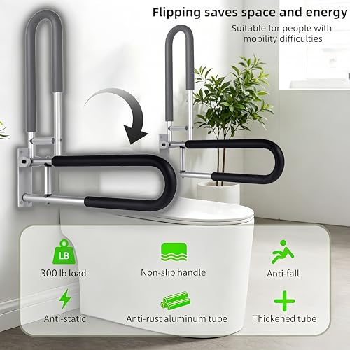 23.7 Inch Flip Up Toilet Handrail,Wall Mount Non-Slip Aluminum Alloy Support Armrest for Home,Hospital,Nursing Home & People with Limited Mobility,300Lbs Load Capacity - color: Silver