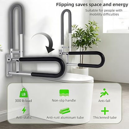 23.7 Inch Flip Up Toilet Handrail,Wall Mount Non-Slip Aluminum Alloy Support Armrest for Home,Hospital,Nursing Home & People with Limited Mobility,300Lbs Load Capacity - color: Silver