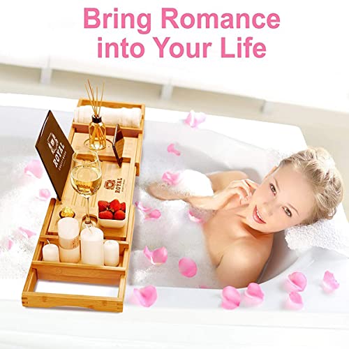 Bamboo Bathtub Caddy Tray Expandable for Luxury Bath, Bathtub Tray with Wine Glass Holder, Phone Stand and Book Holder, Adjustable Bath Tub Organizer Tray for Bathroom