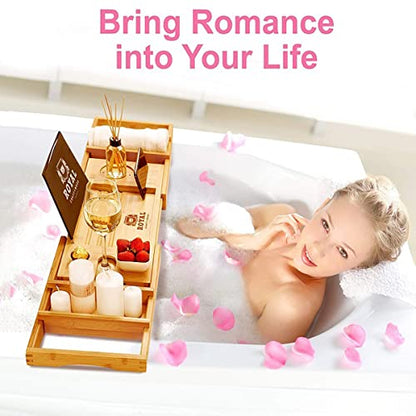 Bamboo Bathtub Caddy Tray Expandable for Luxury Bath, Bathtub Tray with Wine Glass Holder, Phone Stand and Book Holder, Adjustable Bath Tub Organizer Tray for Bathroom