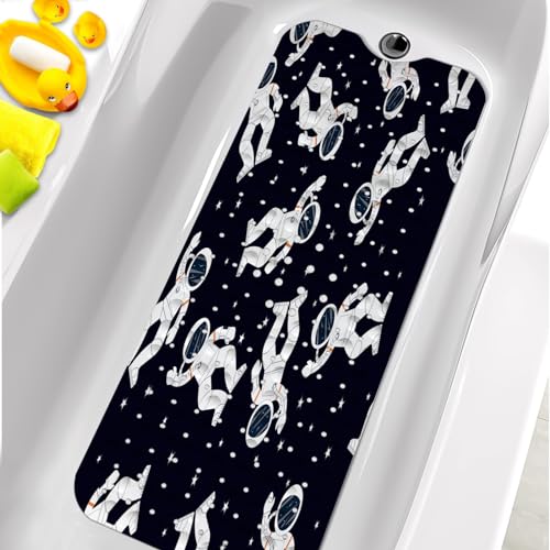 Bathtub Mats for Kids, Black Astronaut Bath Mat for Tub Non Slip, 40 X 16 Inch Large Washable Bathtub Mat Non Slip for Showers with Drain Holes and Suction Cups - color: Black Astronaut