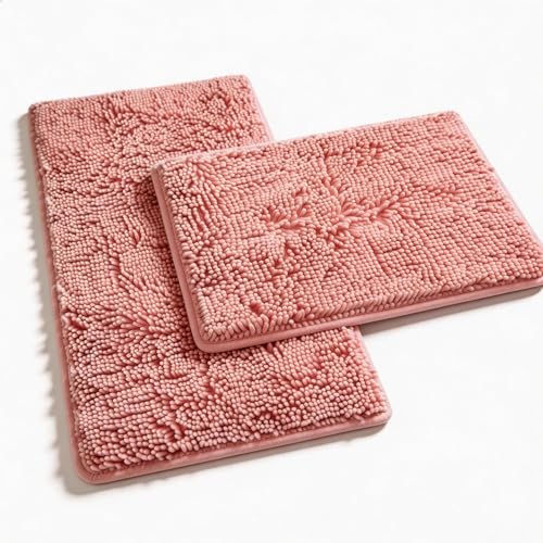 Pink Bathroom Rugs Chenille Bath Mat Set 2-Piece Bath Rugs for Bathroom Extra Soft Bath Mats for Bathoom Non Slip Absorbent Shag Bathoom Carpet - color: Pink