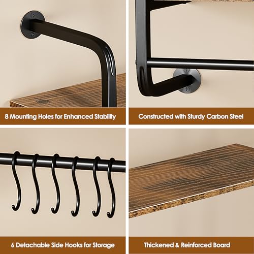 3 Tier Industrial Pipe Floating Shelf, 24" Kitchen Wall Shelves | with Towel Bar & 6 Hooks, Coffee Bar Shelves Display Bookshelf Wall Shelf for Kitchen, Bathroom, Home Décor, Rustic Brown - size: 24 Inch（3 Tier）