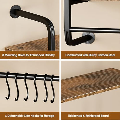 3 Tier Industrial Pipe Floating Shelf, 24" Kitchen Wall Shelves | with Towel Bar & 6 Hooks, Coffee Bar Shelves Display Bookshelf Wall Shelf for Kitchen, Bathroom, Home Décor, Rustic Brown - size: 24 Inch（3 Tier）