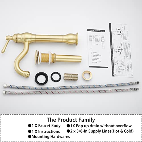 360 Swivel Single-Handle One Hole Vessel Sink Faucet with Matching Pop Up Drain - Brushed Gold Farmhouse Bathroom Vanity Faucet - color: Brushed Gold, size: Vessel