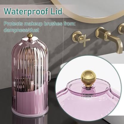 GAXmi Makeup Brush Holder with Lid Rotating Cosmetic Organizer, Pink-Purple | 360 Rotation, Waterproof, Dustproof, Moistureproof - color: Pink-Purple