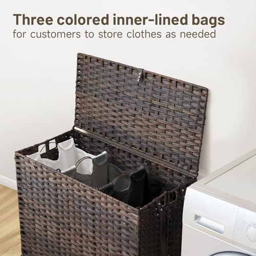 Laundry Hamper with Wheels, 52.8 Gallon(200L) Rolling Laundry Basket with Lid, Removable Large 3 Color Liners & 3 Mesh Laundry Bags, Clothes Hamper with Side Pocket, Brown - color: Brown, size: 31.5"L x 15.75"W x 25.6"H