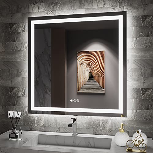 Amorho LED Bathroom Mirror 32"X32" with Front Light and Backlit | Stepless Dimmable, Anti-Fog, Shatter-Proof, HD Reflection, Memory, 3 Colors Lighting Square Mirror, UL Listed - color: Front and Backlit, size: 32"L x 32"W