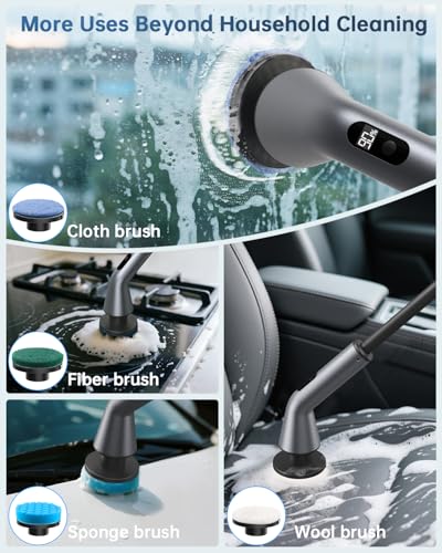 Electric Spin Scrubber, IPX7 Waterproof 2-Speed, Extendable Long Handle Cordless Cleaning Brush with 7 Replacement Brush Heads for Bathroom Shower Bathtub Glass Tub Tile Floor Car