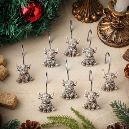 Roowest 12 Pcs Highland Cow Shower Curtain Hooks Western Shower Curtain Hooks Stainless Steel Rust Resistant Rings Hangers for Winter Farmhouse Rustic Bathroom Decor - style: Highland Cow