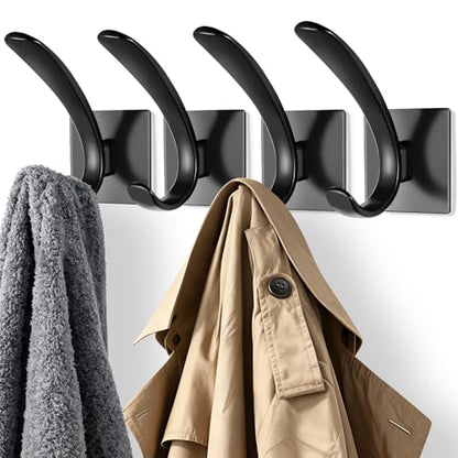 Self Adhesive Towel Hooks, Matte Black Metal Hooks,Waterproof Stainless Steel Hanger Coat Hooks for Hanging Coat,Towels, Bath Robe in Bathroom Kitchen Home - size: 4 Pack-Square Double Hook