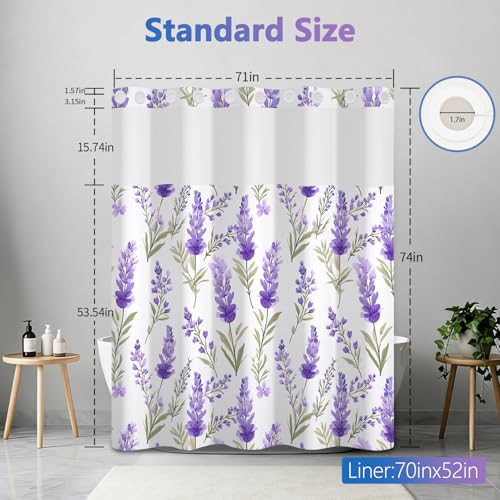 No Hook Shower Curtain and Liner Set, Lavender Shower Curtain with Snap in Liner and Mesh Top Window, Purple Floral Waterproof Fabric Shower Curtains with Weighted Hem for Bathroom Hotel, 71x74 Inches - color: Lavender Garden