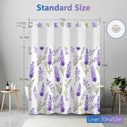 No Hook Shower Curtain and Liner Set, Lavender Shower Curtain with Snap in Liner and Mesh Top Window, Purple Floral Waterproof Fabric Shower Curtains with Weighted Hem for Bathroom Hotel, 71x74 Inches - color: Lavender Garden