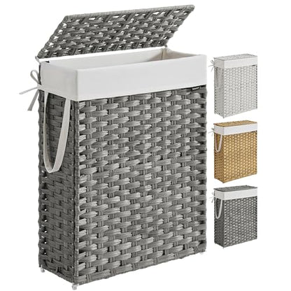 SONGMICS Slim Laundry Hamper with Lid, 14.5 Gallon (55L) Rattan Clothes Laundry Basket with Lid and Handles, Foldable, Removable Liner, Dove Gray ULCB164G01 - color: Dove Gray, size: 55 L