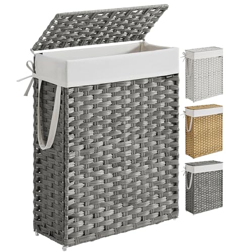 SONGMICS Laundry Hamper with Lid, 14.5 Gal (55 L) Synthetic Rattan,Foldable | Clothes Laundry Basket with Handles, Removable Liner, Dove Gray, ELIOTT Collection ULCB164G01 - color: Dove Gray, size: 55 L