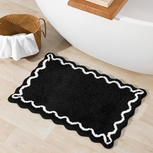 ORTIGIA Black Bath Mat with White Scallop Non Slip, Quick Dry Bath Rug Absorbent Soft Plush Microfiber Bathmat for Bathroom Floor Carpet for Sink Bedroom, 20x32 - color: Black, size: 1'8" x 2'8" (Scalloped)