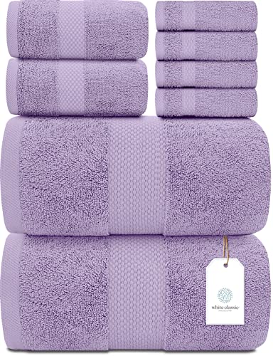 White Classic Luxury Bath Towel Set of 8 Pieces - 100% Turkish Cotton Highly Absorbent Towels for Bathroom, 2 Luxury Bath Towels 700GSM, 2 Hand Towels, 4 Washcloths, Lavender - color: 16: Lavender