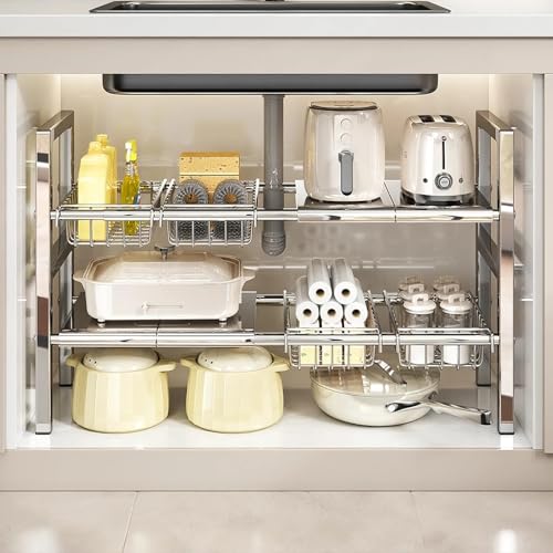 Large Under Sink Organizer 2 Tier Expandable Heavy Stainless Steel Shelf Adjustable Height for Under Kitchen Bathroom Sink Organizers and Storage (Large Size: 4 Panels 4 Storage Baskets) - size: Large size: 4 panels 4 storage baskets