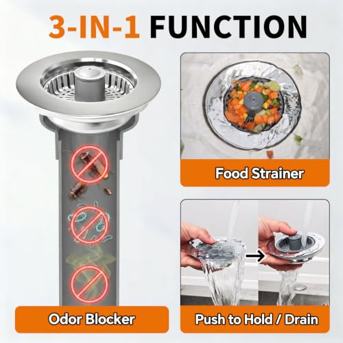 Kitchen Sink Stopper, 3 in 1 Pop Up Kitchen Sink Drain Strainer, with an Extra Basket Strainer, Sink Drain Stopper for US Standard 3-1/2 Inch, Brass Material Electroplate (Silver 2pcs) - color: Silver 2pcs