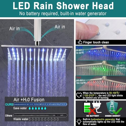 ENGA Thermostatic Shower System with Jets, 12 Inch LED Ceiling Mount Rainfall Shower System with Handheld Spray and 6 Jets (Can Use All Functions At a Time), Brushed Nickel - color: Brushed Nickel, style: Ceiling Mount-6 Jets