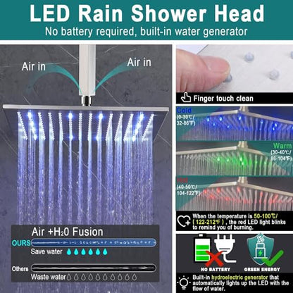 ENGA Thermostatic Shower System with Jets, 12 Inch LED Ceiling Mount Rainfall Shower System with Handheld Spray and 6 Jets (Can Use All Functions At a Time), Brushed Nickel - color: Brushed Nickel, style: Ceiling Mount-6 Jets