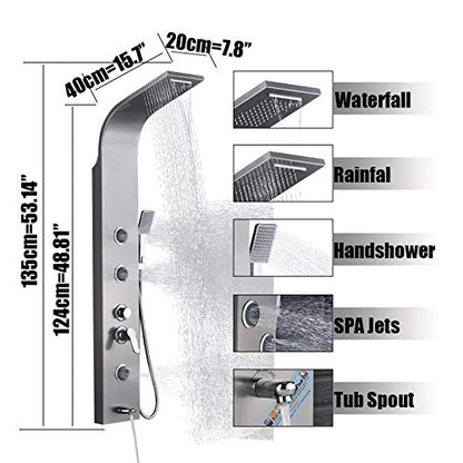 Brushed Nickel Bath Shower Panel Rainfall Waterfall Tower Shower Column with Body SPA Massage Jets Spray Nozzle Tub Faucet Spout