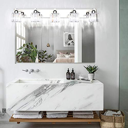Aipsun Crystal Bathroom Vanity Light Stainless Steel Modern Vanity Light 5 Lights Crystal Bathroom Vanity Light Fixtures (Exclude Bulb) - color: Chrome (Round), size: 40 inch