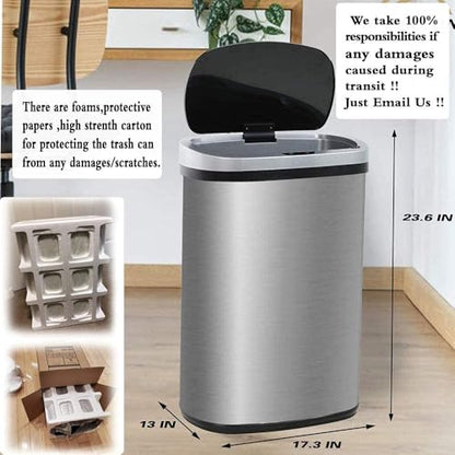 13 Gallon Trash Can with Lid, Automatic Kitchen Trash Cans 50 L Motion Sensor Garbage Can, Brushed Stainless Steel TrashCan for Home Office Bathroom, Sliver