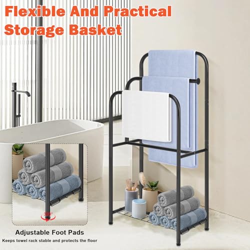 Towel Racks for Bathroom, 35" H Standing Towel Holder 3 Tier Metal Pool Towel Hanger Outdoor Floor with Storage Shelves for Blanket Bath Towel Drying (Matte Black)