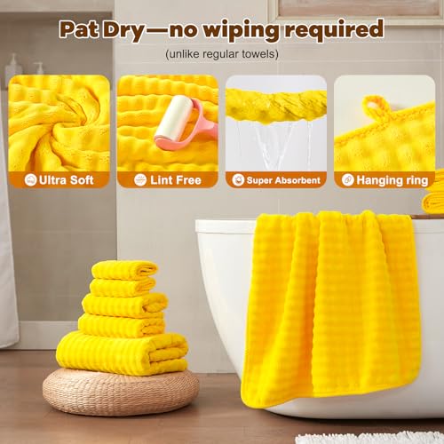 COZYART Lint Free 8 Pcs Bathroom Towels Set Ultra Soft Microfiber Yellow | Ultra Fluffy, Thick, Highly Absorbent, Fast Dry, No Shedding, No Pilling, Fade Resistant, Durable, Long-lasting - color: Yellow