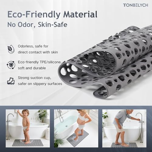 Non Slip Bath Mat for Shower & Bathtub - 30x17 Inch with Strong Suction Cups and Drain Holes, Quick-Dry, Machine Washable Floor Mat for Elderly, Kids & Pets