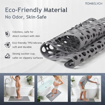 Non Slip Bath Mat for Shower & Bathtub - 30x17 Inch with Strong Suction Cups and Drain Holes, Quick-Dry, Machine Washable Floor Mat for Elderly, Kids & Pets