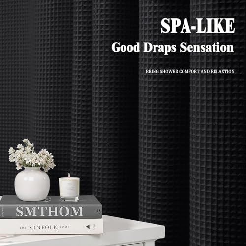 Stall Waffle Weave Shower Curtain Heavyweight Cotton Fabric Black 36Wx72L | Soft Cotton Cloth,3D Square Truely Waffle,Washable, Hotel Luxury Spa, Shower Curtains for Narrow Bathroom 12 Plastic Hooks - color: Black, size: Small Stall 36"W x 72"L
